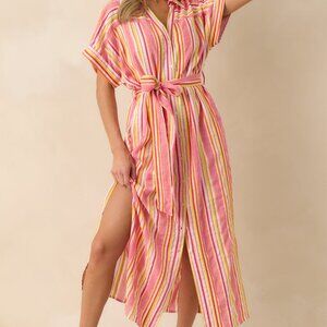 Red Dress I Could Never Forget You Pink Stripe Rayon Maxi Shirt Dress Size LL /